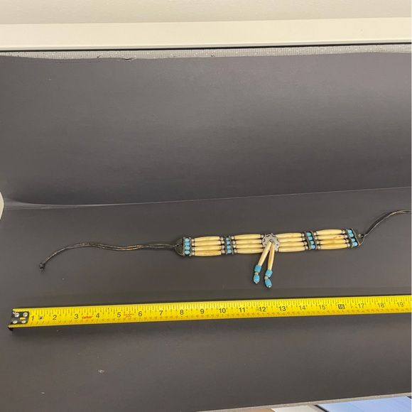 Vintage Native American Natural Bone Bead Tie Choker Leather Blue Bolero Unisex - Picture 3 of 9